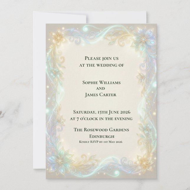 Invitación de boda Art Nouveau iridiscente (Anverso)