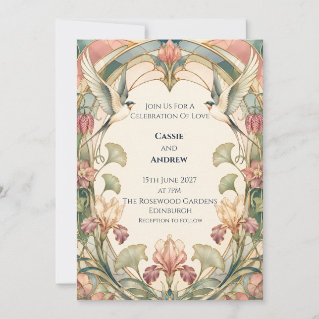Invitación de boda Art Nouveau Iris Swallow (Anverso)