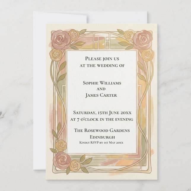 Invitación de boda Art Nouveau Rosa Dorada (Anverso)