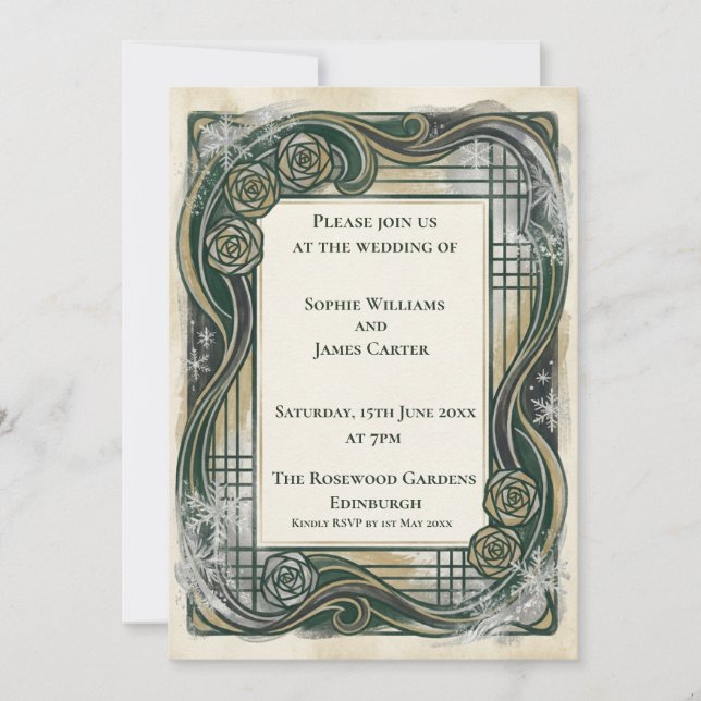 Invitación de boda Art Nouveau verde (Anverso)