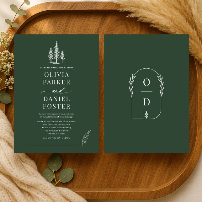 Invitación de Boda Arte Líneal Verde Bosque Rústic (Subido por el creador)