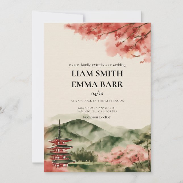 Invitación de boda asiática de flor de cerezo japo (Anverso)