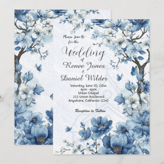 Invitación de Boda Asiática Flor de Cerezo Azul