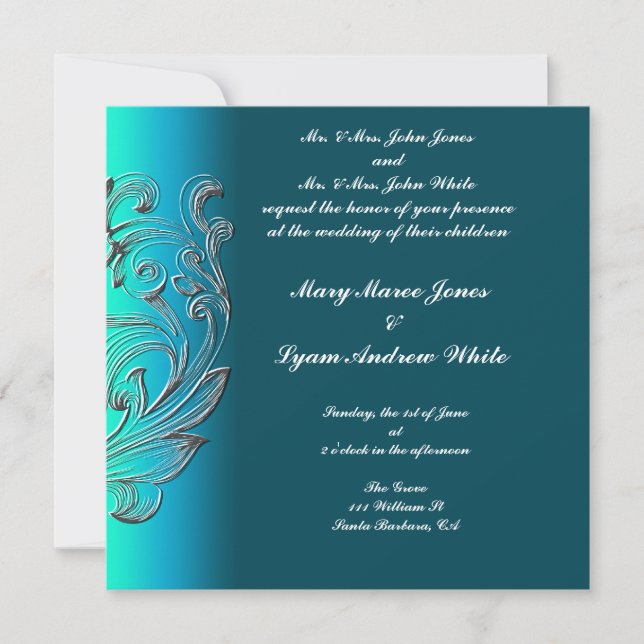 invitación de boda aspecto repujado Aqua Clásico (Anverso)
