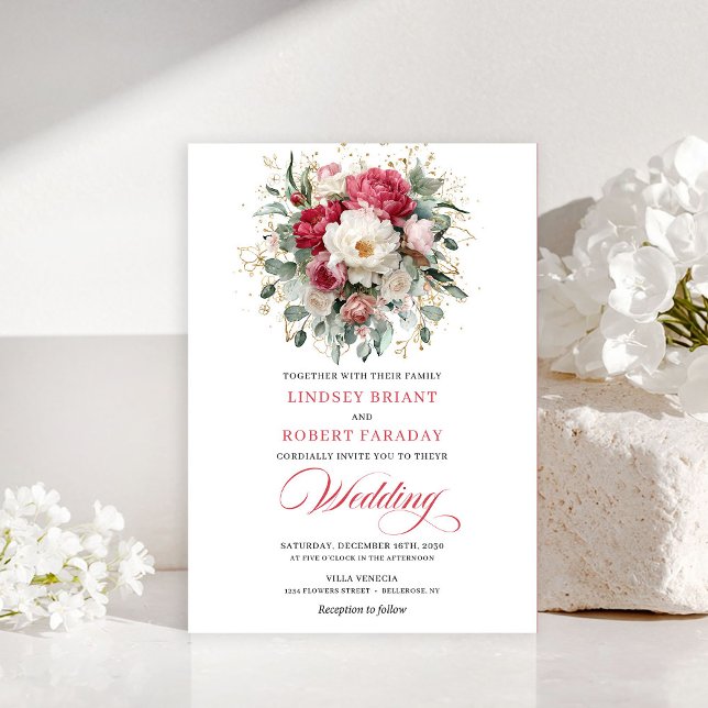 Invitación de boda atemporal Boho carmesí rojo rub (Timeless Boho Crimson Red Blush Gold Wedding Invitation)
