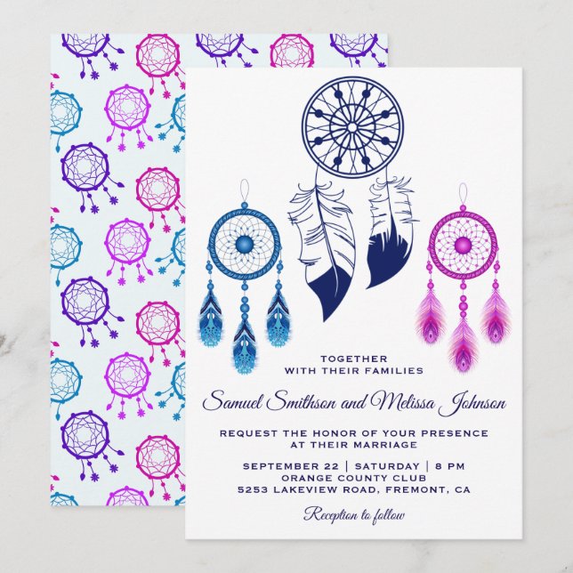 Invitación de boda atrapasueños rosa azul (Anverso / Reverso)