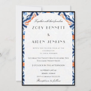 Invitación de boda audaz en azul claro y rojo