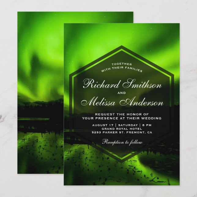 Invitación de boda Aurora Verde Luces del Norte (Anverso / Reverso)