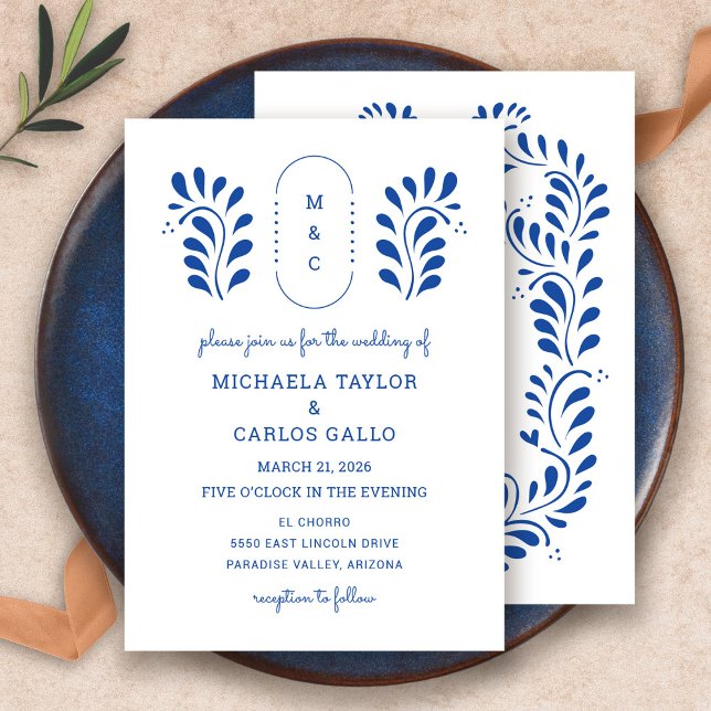 Invitación de Boda Azul al Estilo de Puebla Mexica (Puebla Style Blue Mexican Wedding Invitation by Fiesta Valley Print)