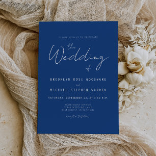 Invitación de boda azul añil de guión mínimo