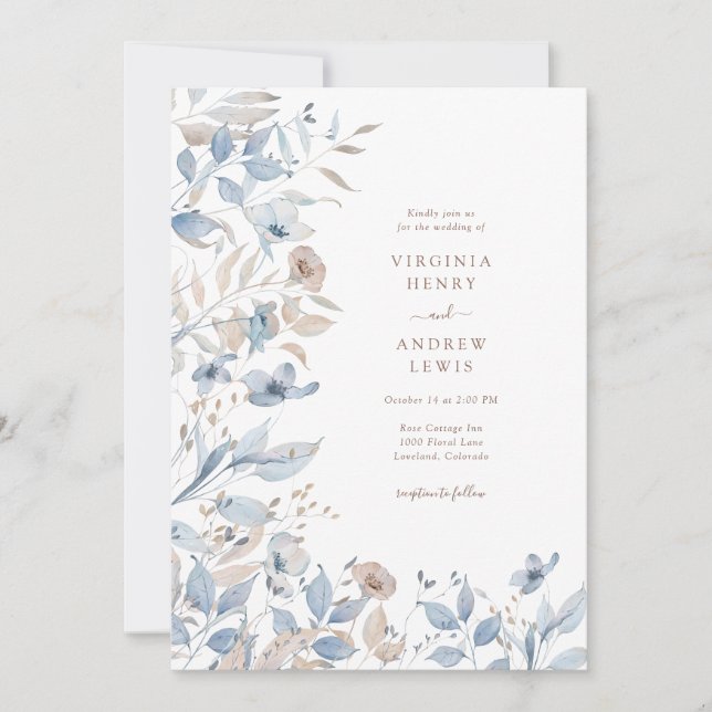 Invitación de Boda Azul Bohemio Floral (Anverso)