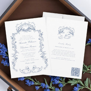 Invitación de boda azul Chinoiserie todo en uno