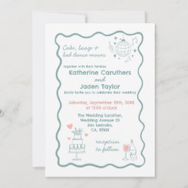 Invitación de boda azul con estilo de garabato cap