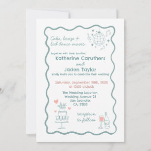 Invitación de boda azul con estilo de garabato cap