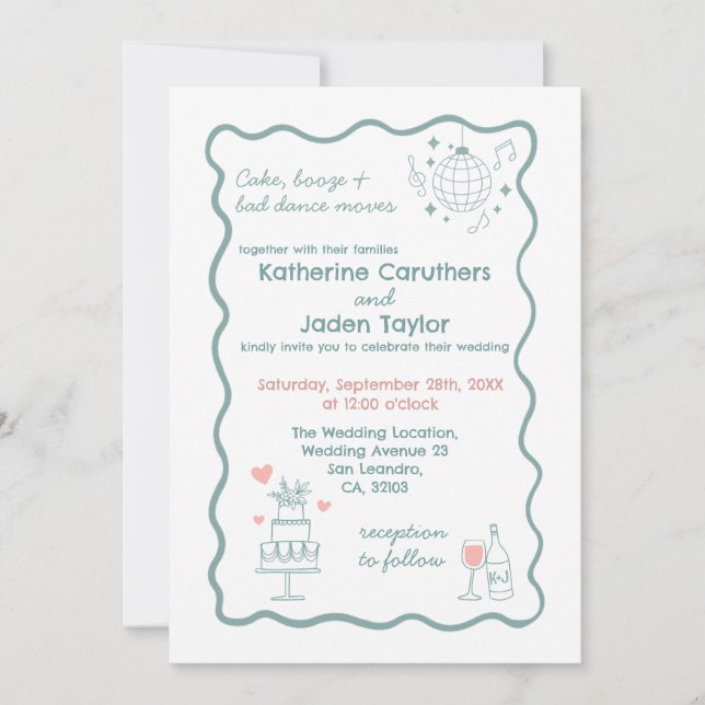 Invitación de boda azul con estilo de garabato cap (Anverso)