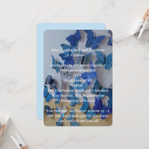 Invitación de boda azul con foto de mariposas