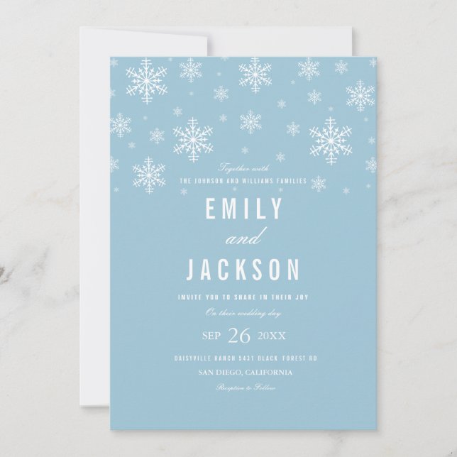 Invitación de boda azul copo de nieve moderno (Anverso)