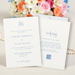 Invitación de boda azul crema moderna con código Q