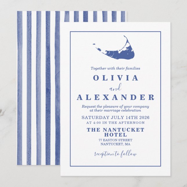 Invitación de boda azul de Nantucket (Anverso / Reverso)