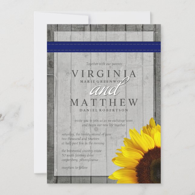 INVITACIÓN DE BODA AZUL DE NAVY Y SUNFLOWER (Anverso)