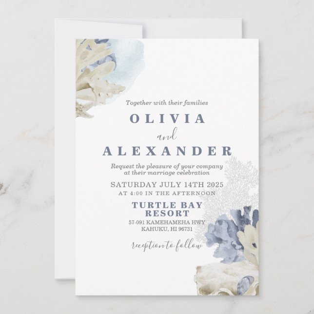 Invitación de boda azul de playa de conchas marina (Anverso)