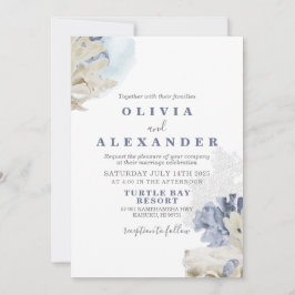 Invitación de boda azul de playa de conchas marina