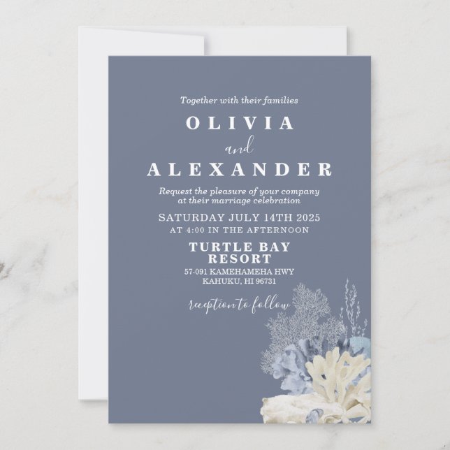 Invitación de boda azul de playa de conchas marina (Anverso)