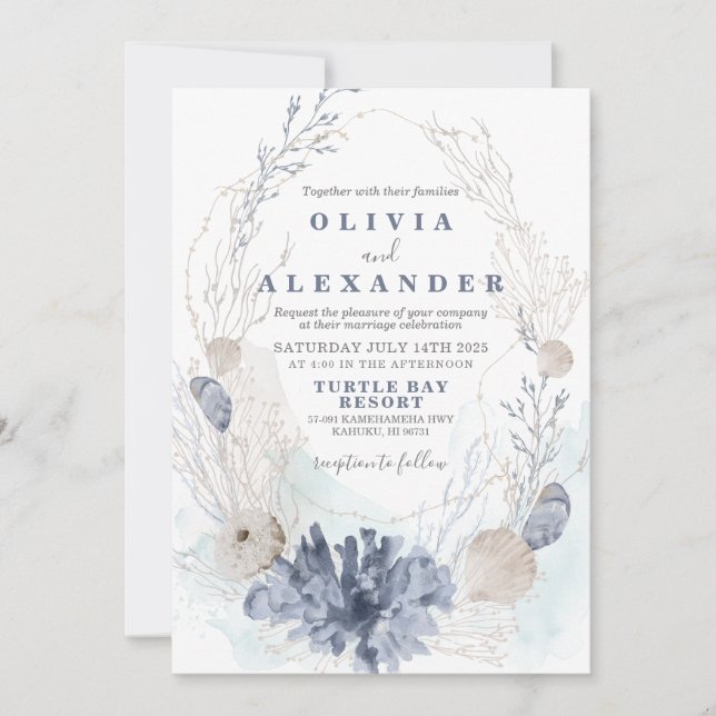 Invitación de boda azul de playa de conchas marina (Anverso)
