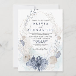 Invitación de boda azul de playa de conchas marina