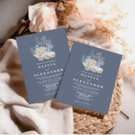 Invitación de boda azul de playa de conchas marina