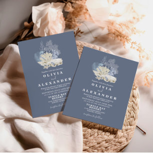 Invitación de boda azul de playa de conchas marina