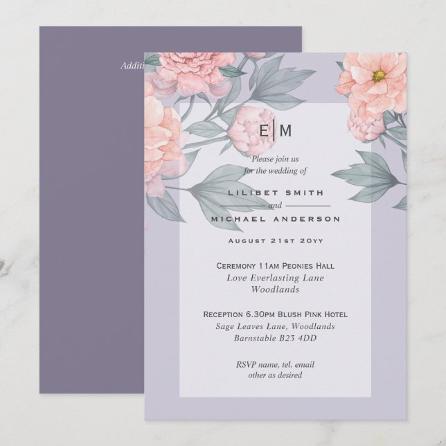 Invitación de Boda Azul de Recepción de Peonías Ro (Anverso / Reverso)