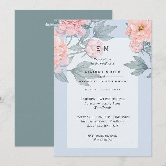 Invitación de Boda Azul de Recepción Peonías Rosa  (Anverso / Reverso)