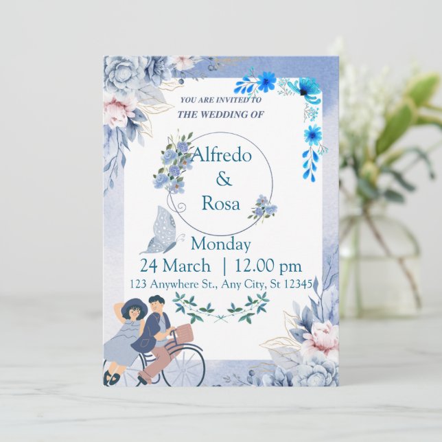 Invitación de Boda Azul Elegante – Clásica y Atemp (Anverso de pie)