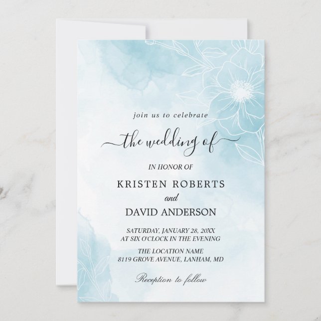 invitación de boda azul floral (Anverso)