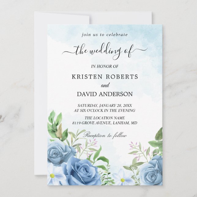invitación de boda azul floral (Anverso)