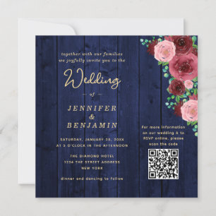 Invitación de Boda Azul Marino Borgoña con Código