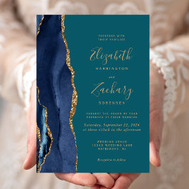 Invitación de boda azul marino chic con ágata dora