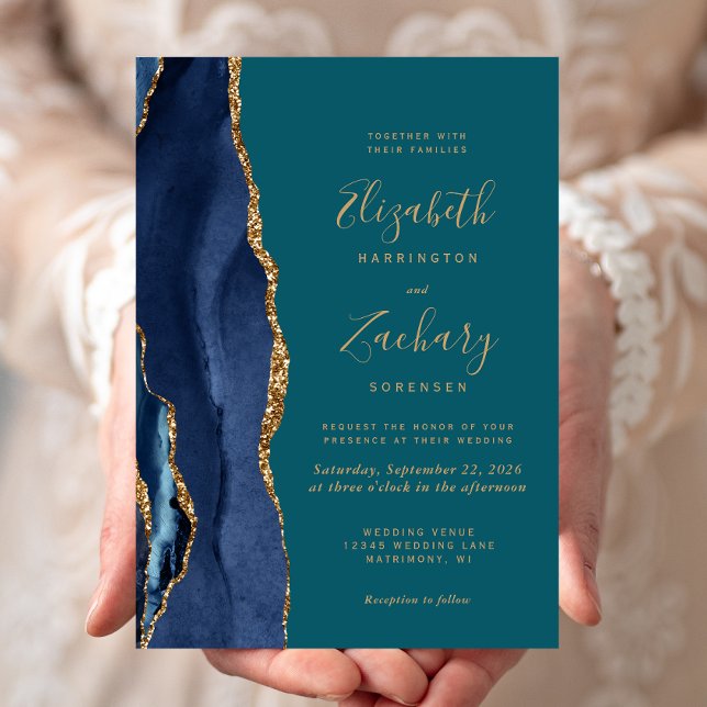 Invitación de boda azul marino chic con ágata dora (Subido por el creador)