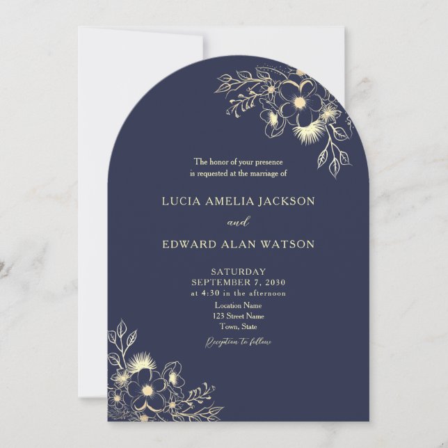 Invitación de boda azul marino con código QR (Anverso)