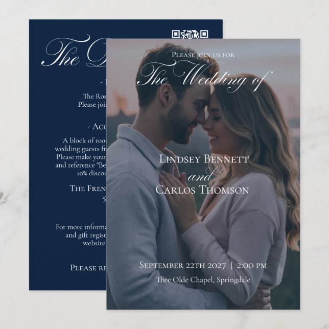 Invitación de boda azul marino con código QR de de (Anverso / Reverso)