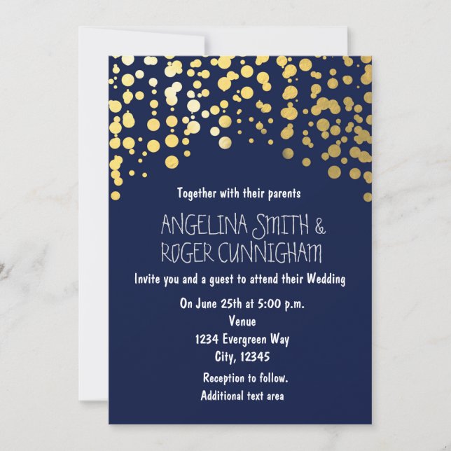Invitación de boda azul marino con confeti de pape (Anverso)