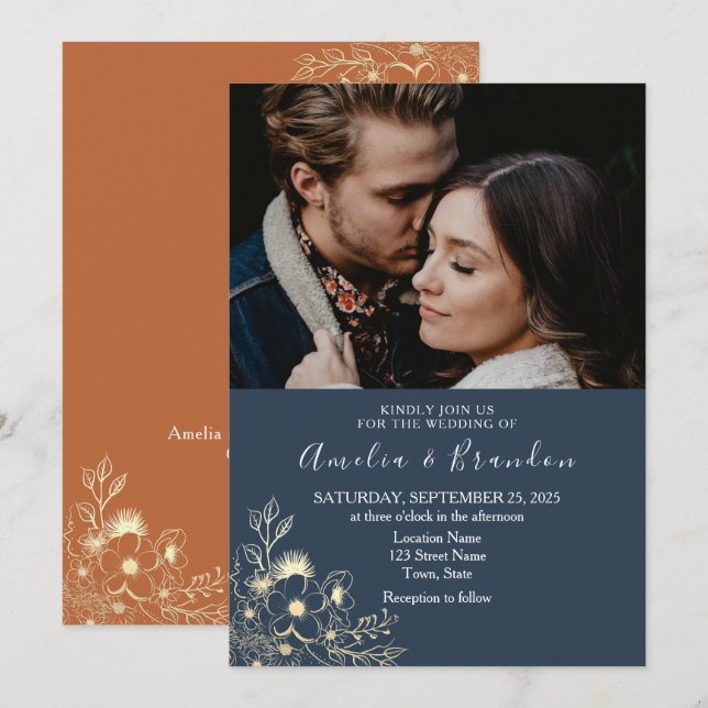 Invitación de boda azul marino con encaje dorado (Anverso / Reverso)