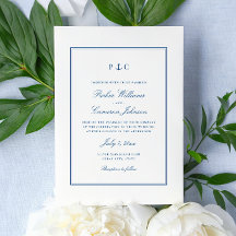 Invitación de boda azul marino con monograma de an