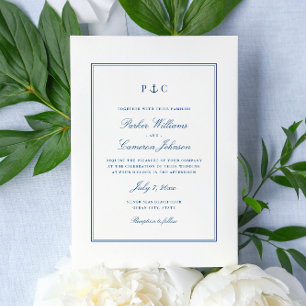 Invitación de boda azul marino con monograma de an