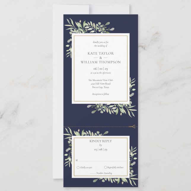Invitación de Boda Azul Marino con Vegetación Mode (Anverso)
