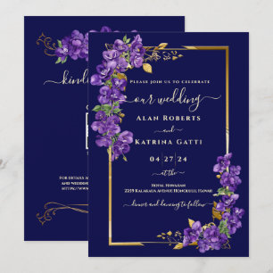 Invitación de boda azul marino con violetas púrpur