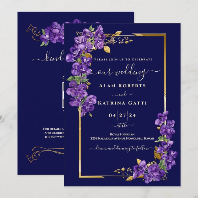 Invitación de boda azul marino con violetas púrpur (Anverso / Reverso)