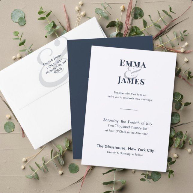 Invitación de boda azul marino de dos tonos | Códi (Modern two-tone navy invitation featuring clean typography and elegant minimalist styling.)
