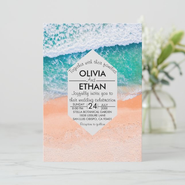 Invitación de boda azul marino náutico de playa (Anverso de pie)